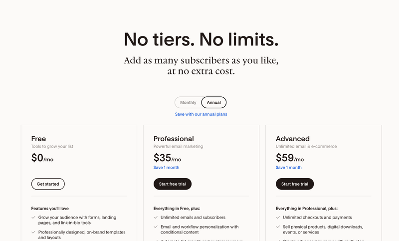 Screenshot of Flodesk's pricing page headlined "No tiers. No limits." with three simple plans — Free, Professional $35/mo, and Advanced $59/mo — and no usage-based add-ons
