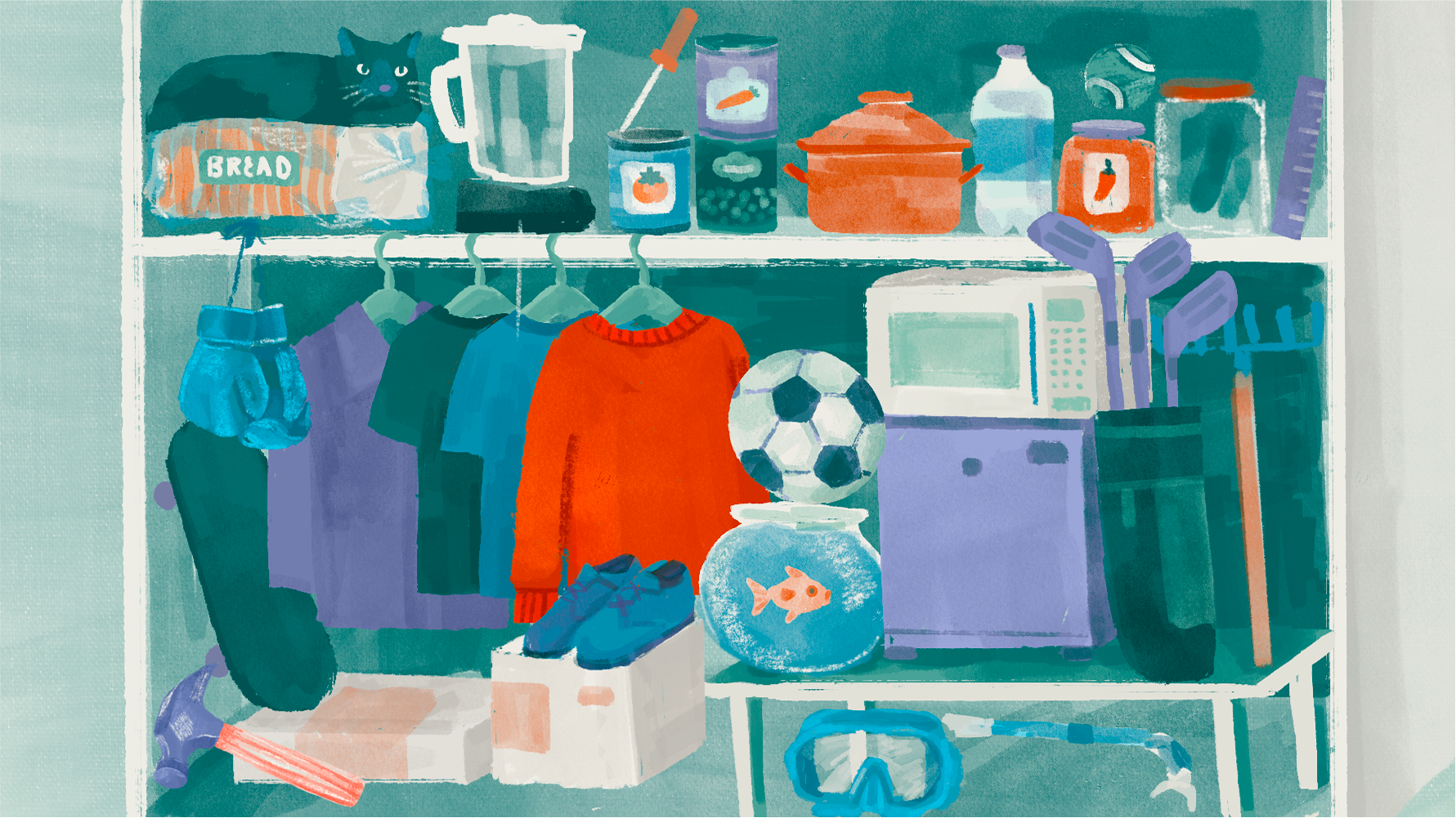 Illustration of overstuffed shelves crammed with mismatched items — a cat, bread, blender, sweaters, soccer ball, microwave, golf clubs, fishbowl, and swim goggles — everything piled in one place