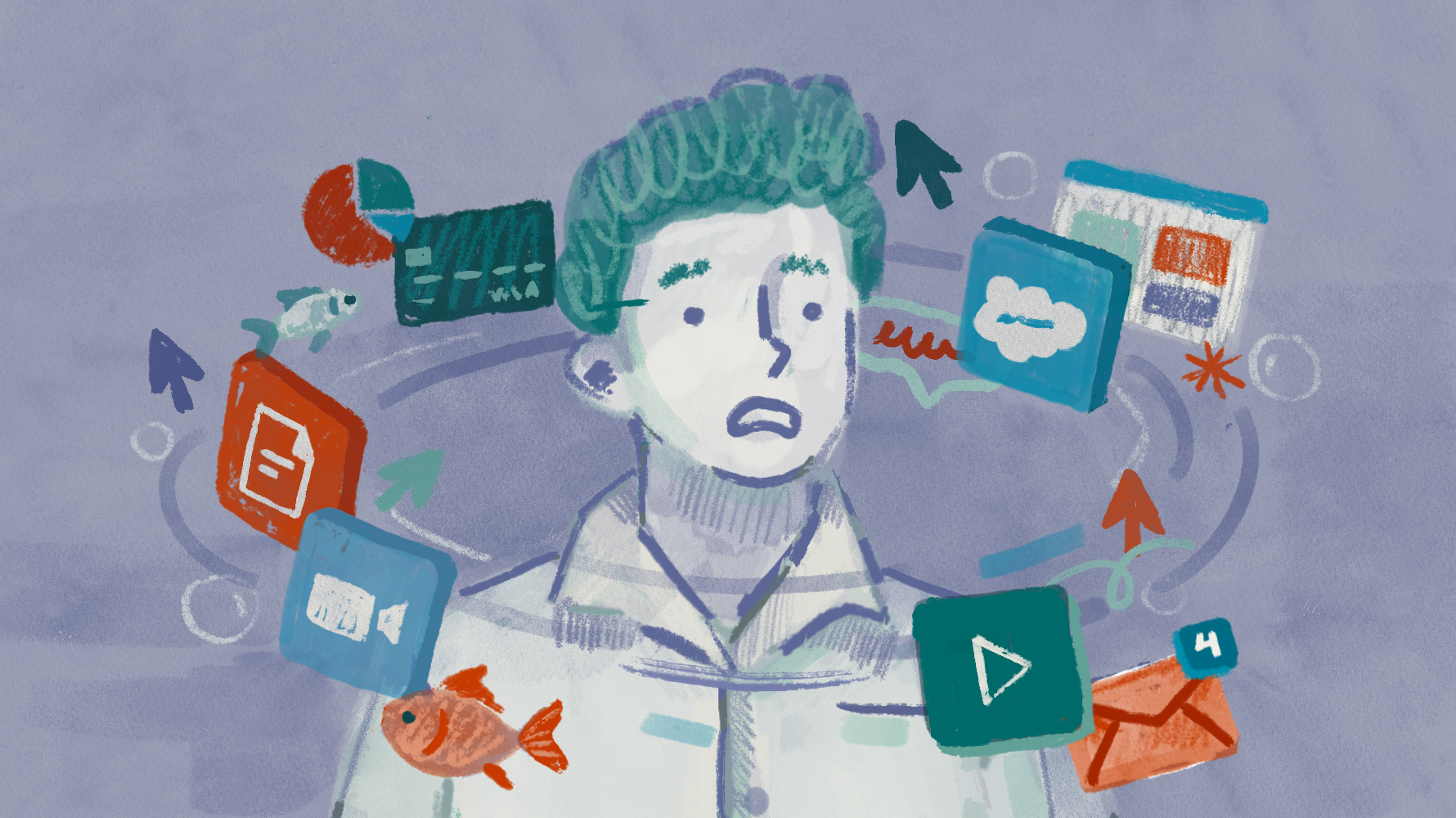 Illustration of a worried person surrounded by a swirl of floating app icons — a credit card, music note, messaging bubble, video camera, email envelope, document, and play button — with a goldfish swimming by