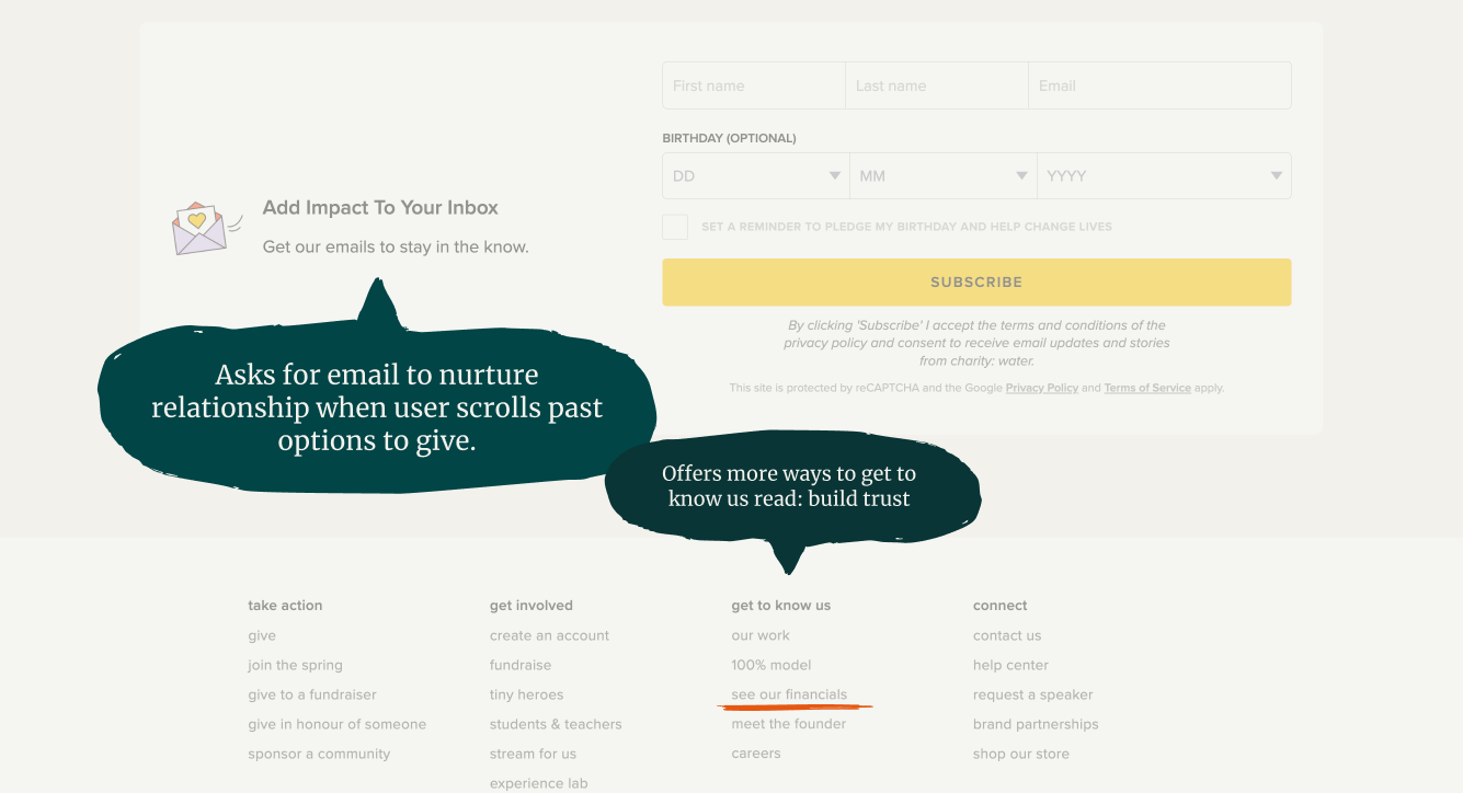 Screenshot of charity: water's secondary email signup call to action for visitors who aren't ready to donate yet