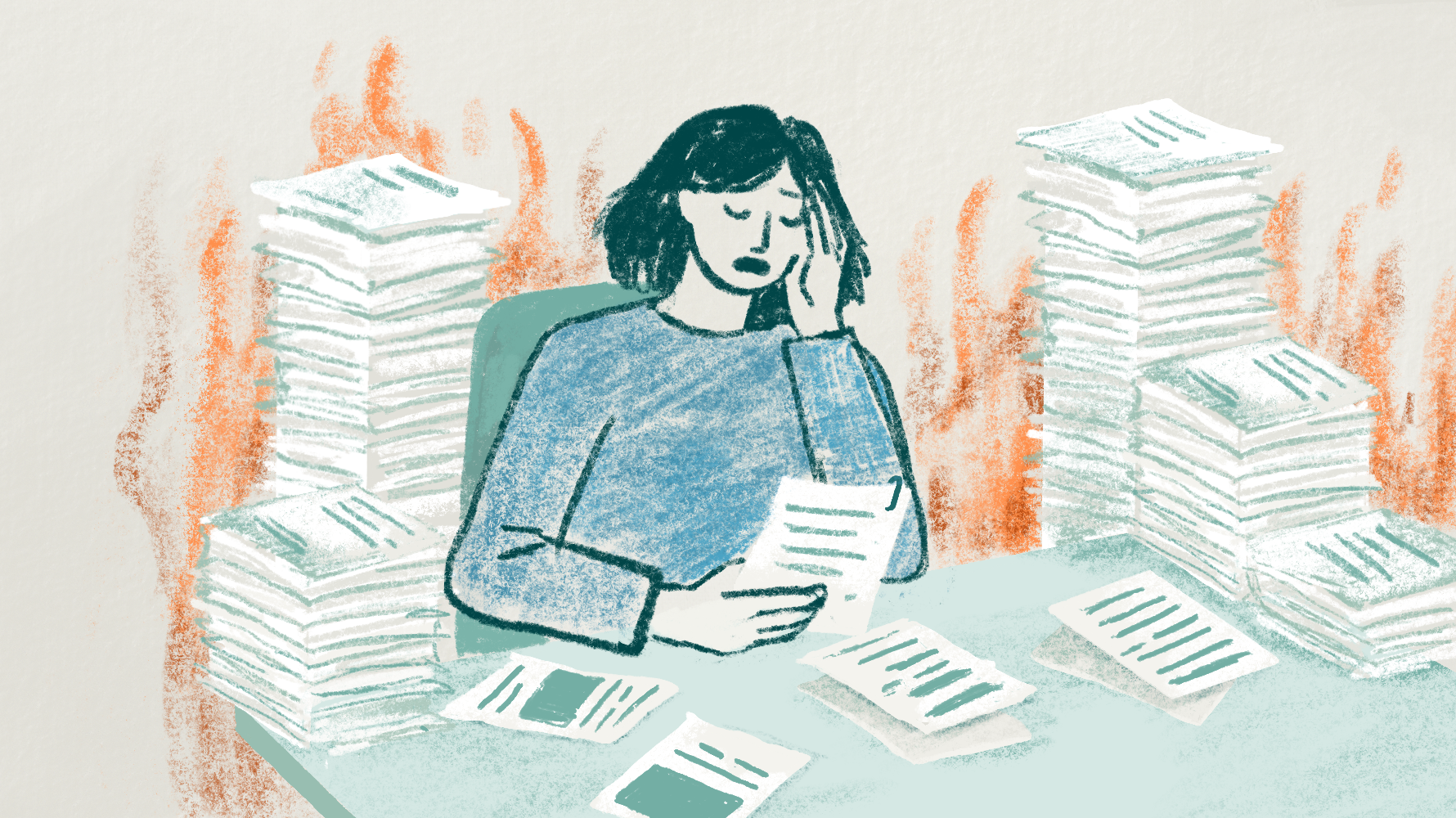 Illustration of an exhausted woman sitting at a desk between tall stacks of paperwork, with orange flames painted behind her