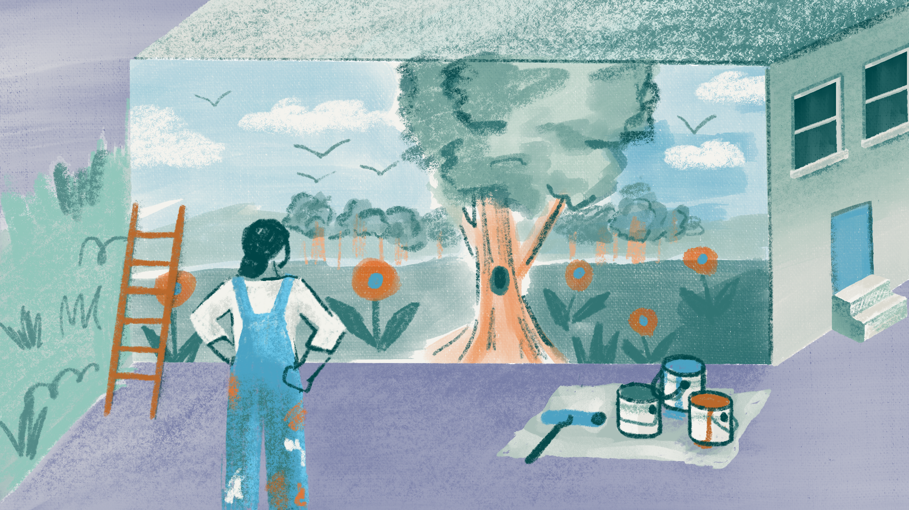 Illustration of a woman in overalls stepping back to look at a large landscape mural she is painting on an outdoor wall