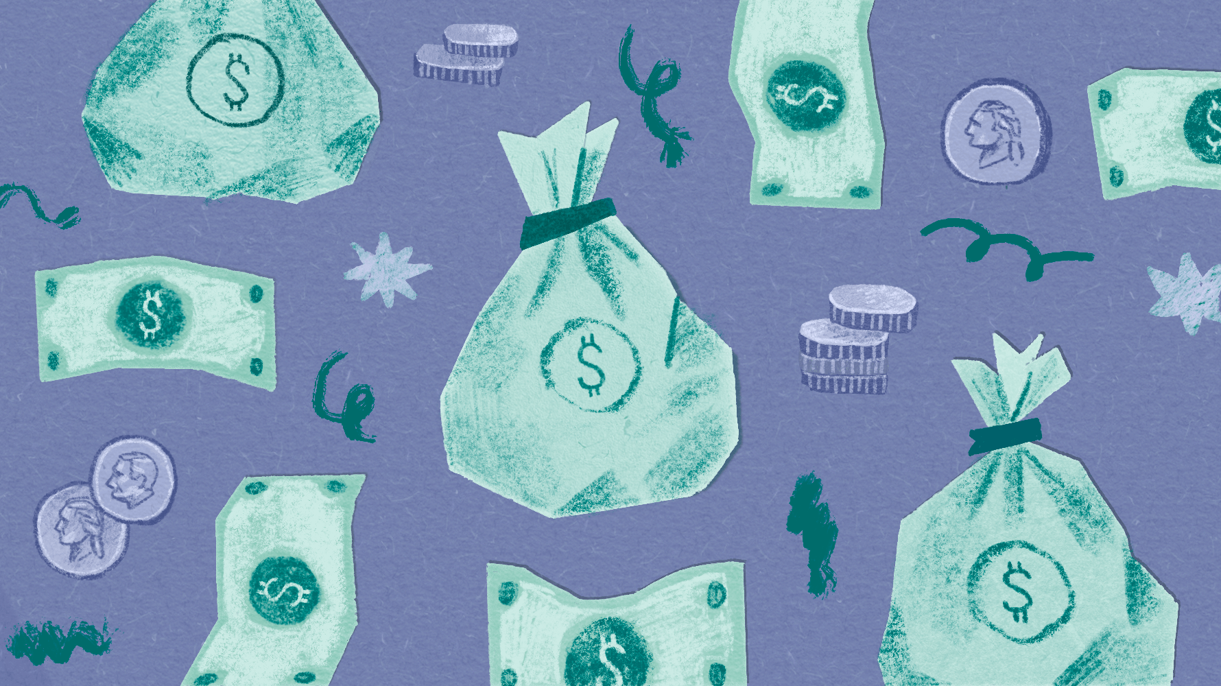 Illustration of dollar bills, coins, and money bags scattered across a purple background