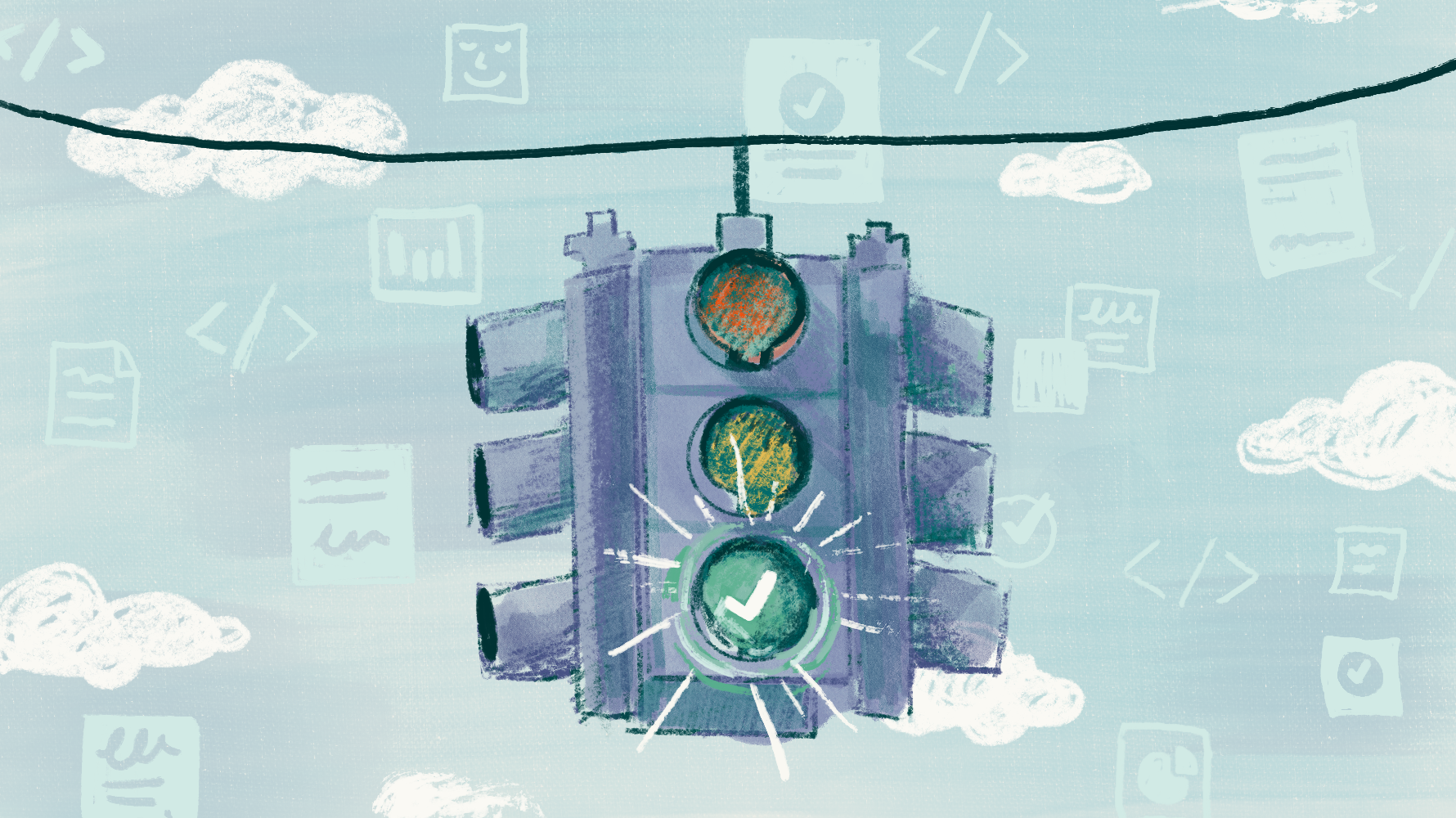 Illustration of a traffic light hanging in a cloudy sky surrounded by floating document and chart icons, with the bottom green light glowing brightly with a checkmark