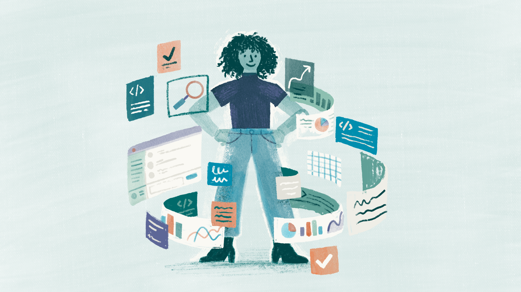 Illustration of a confident woman standing with hands on hips, surrounded by floating cards of dashboards, code snippets, charts, and checkmarks
