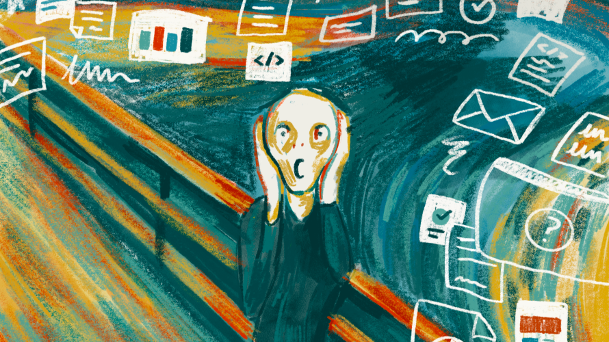 Illustration in the style of Munch's "The Scream" with the figure clutching its face on a bridge while charts, code snippets, envelopes, and document icons swirl around