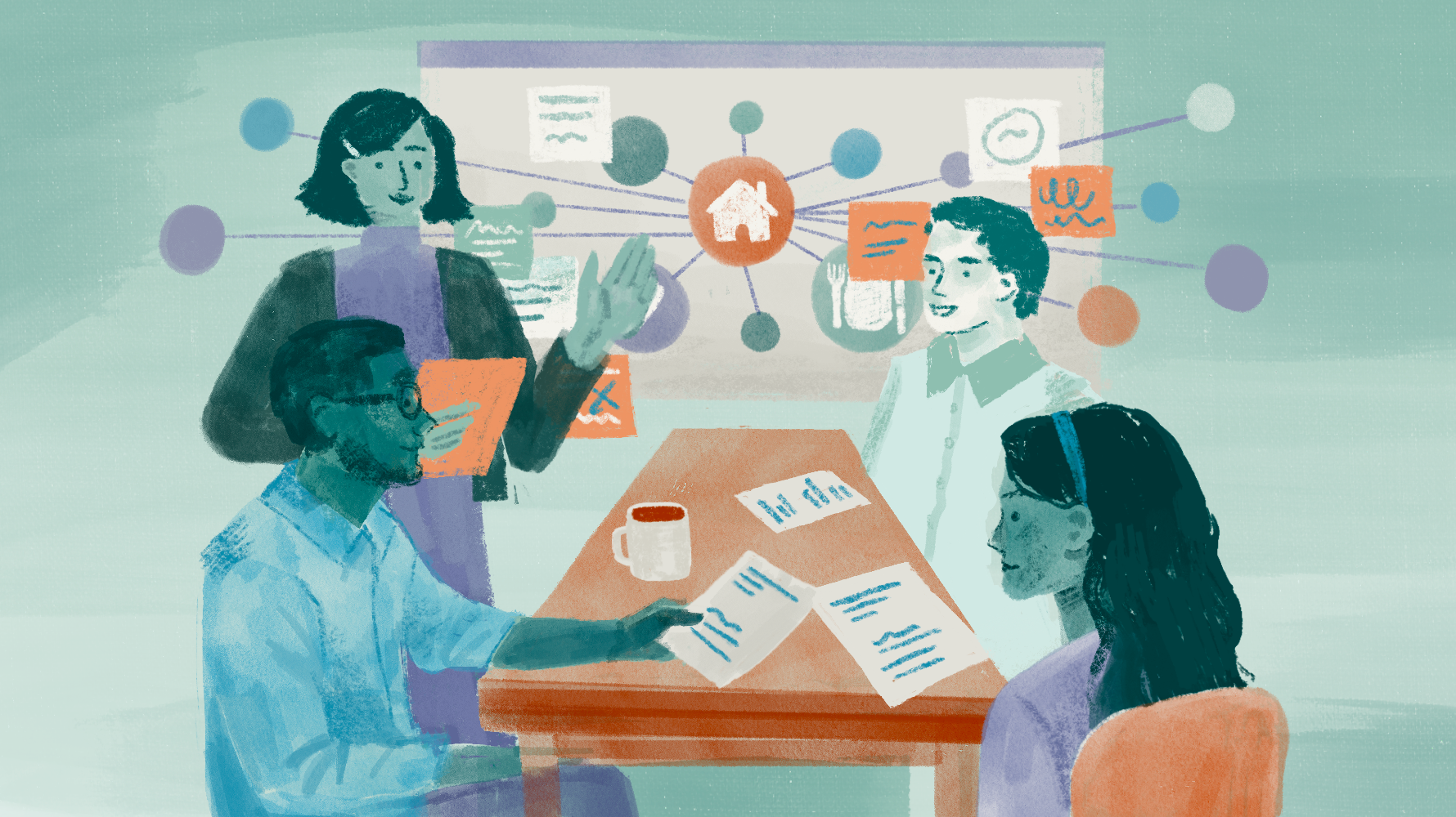 Illustration of four people meeting around a table with a network diagram of a house icon connected to dots and resource cards floating overhead