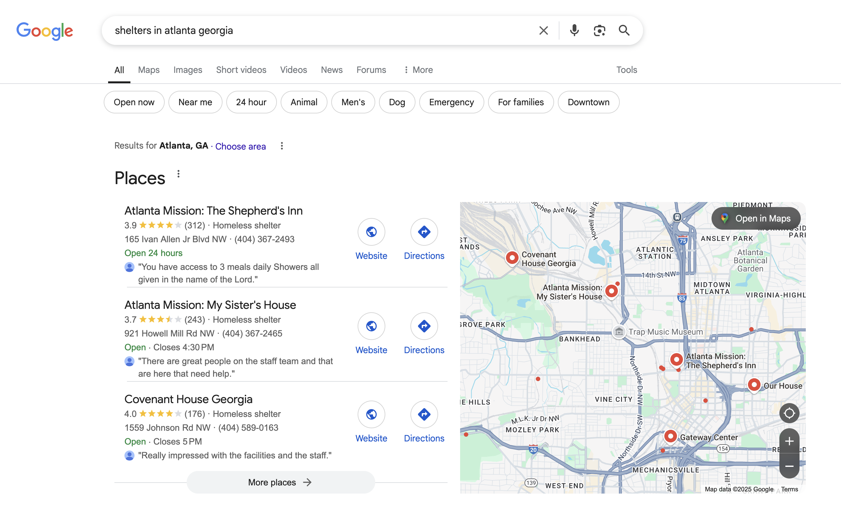 Screenshot of a Google search for "shelters in atlanta georgia" showing Places listings for Atlanta Mission's Shepherd's Inn, My Sister's House, and Covenant House Georgia alongside a map of their locations