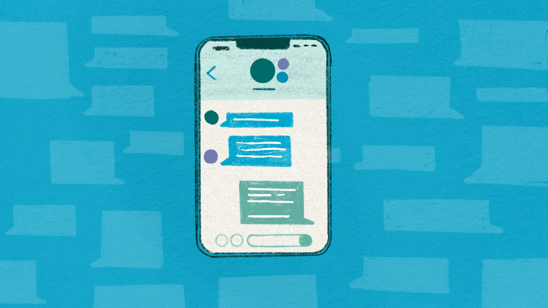 Illustration of a smartphone displaying a messaging thread with mixed blue and green chat bubbles, set against a background of scattered chat bubbles