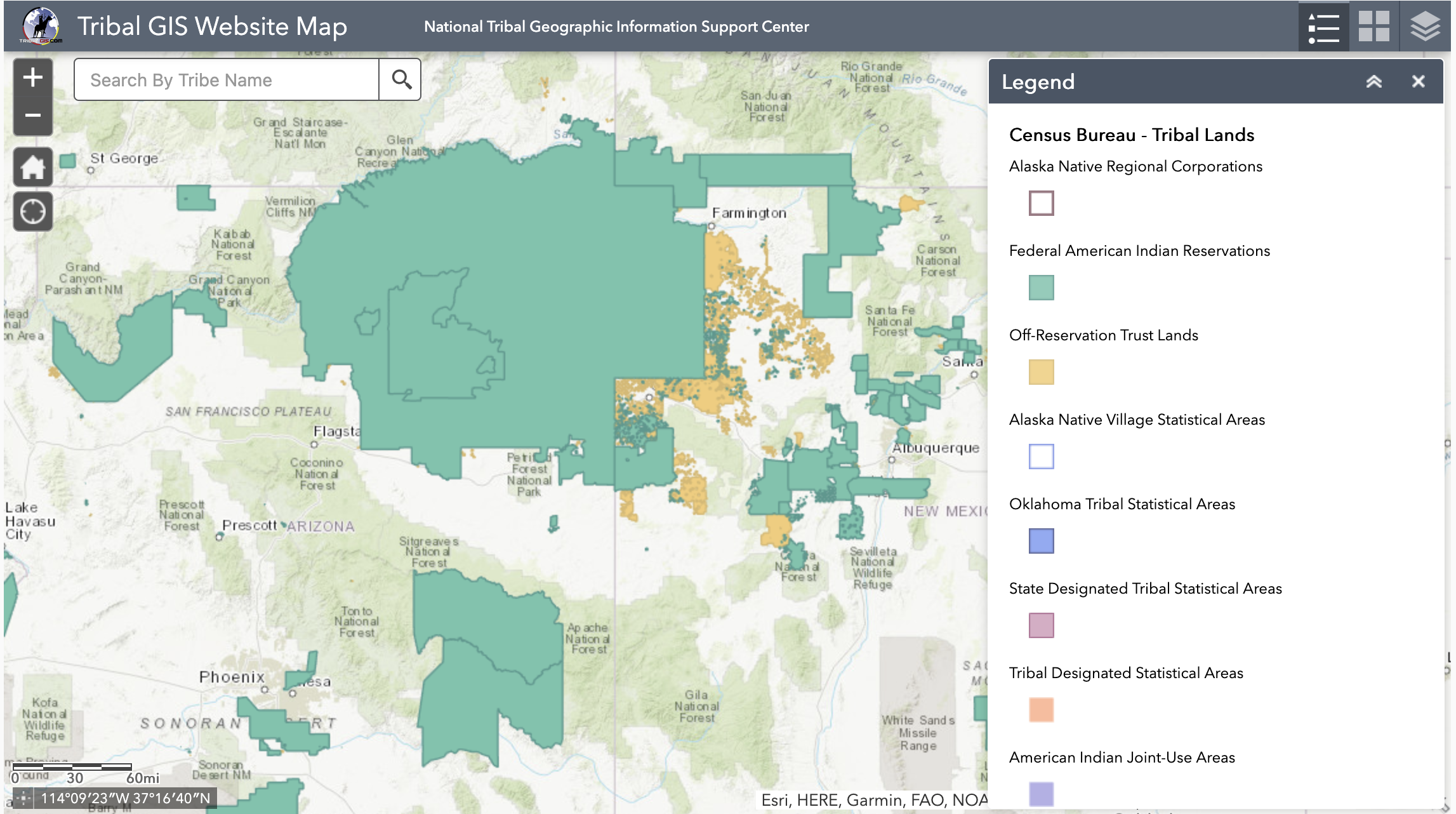 Screenshot of the National Tribal Geographic Information Support Center's Tribal GIS website, showing federal American Indian reservations and other tribal lands overlaid in green and orange across the southwestern United States